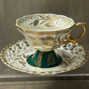Vintage Royal Sealy China Japan Iridescent Green w/ Gold Trim Cup & Saucer Set